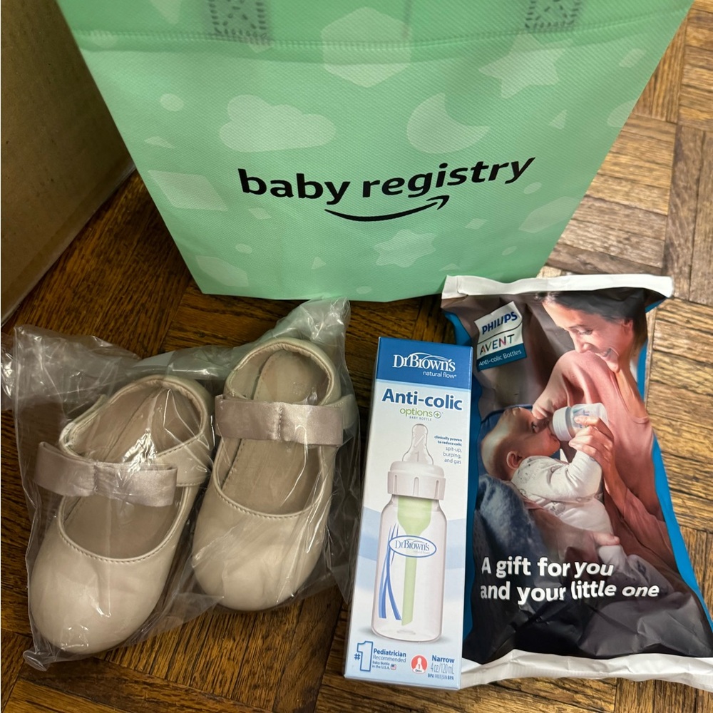 Cream Baby Shoes and Dr. Brown's Bottle Set